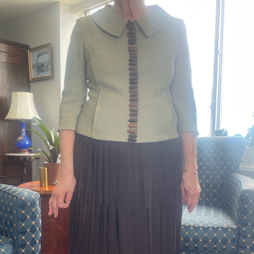 St. John Pale Green Textured Jacket with Brown Trim
